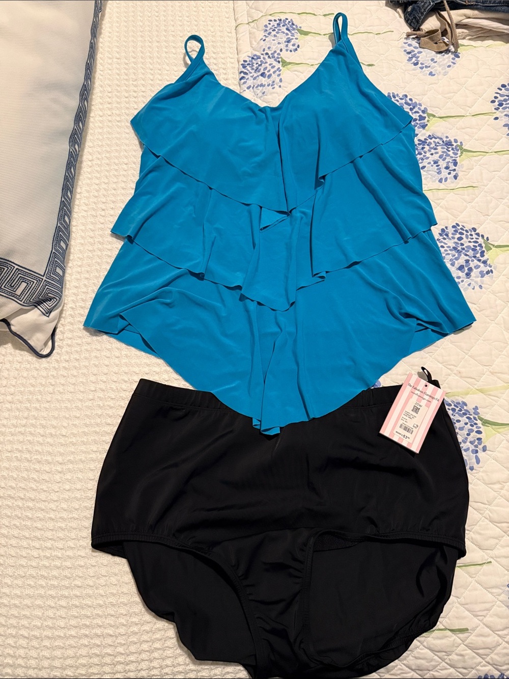 Turquoise Ruffled Tankini Top with Black High-Waist Bottoms